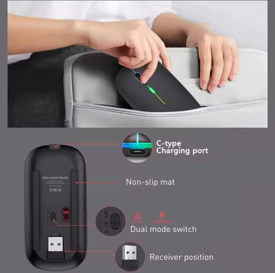 Rechargeable Wireless LED Mouse – Silent Click, Bluetooth & 2.4G Dual Mode