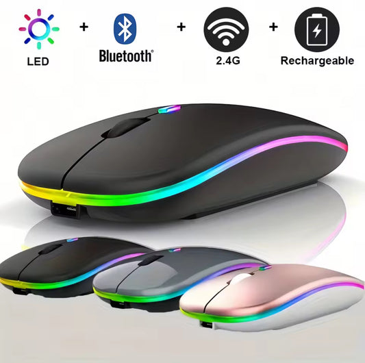 Rechargeable Wireless LED Mouse – Silent Click, Bluetooth & 2.4G Dual Mode